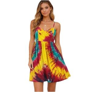 Le Shack Tie Dye Dress Size 6 Fit & Flare Corset Top Boho Beachy Peasant
